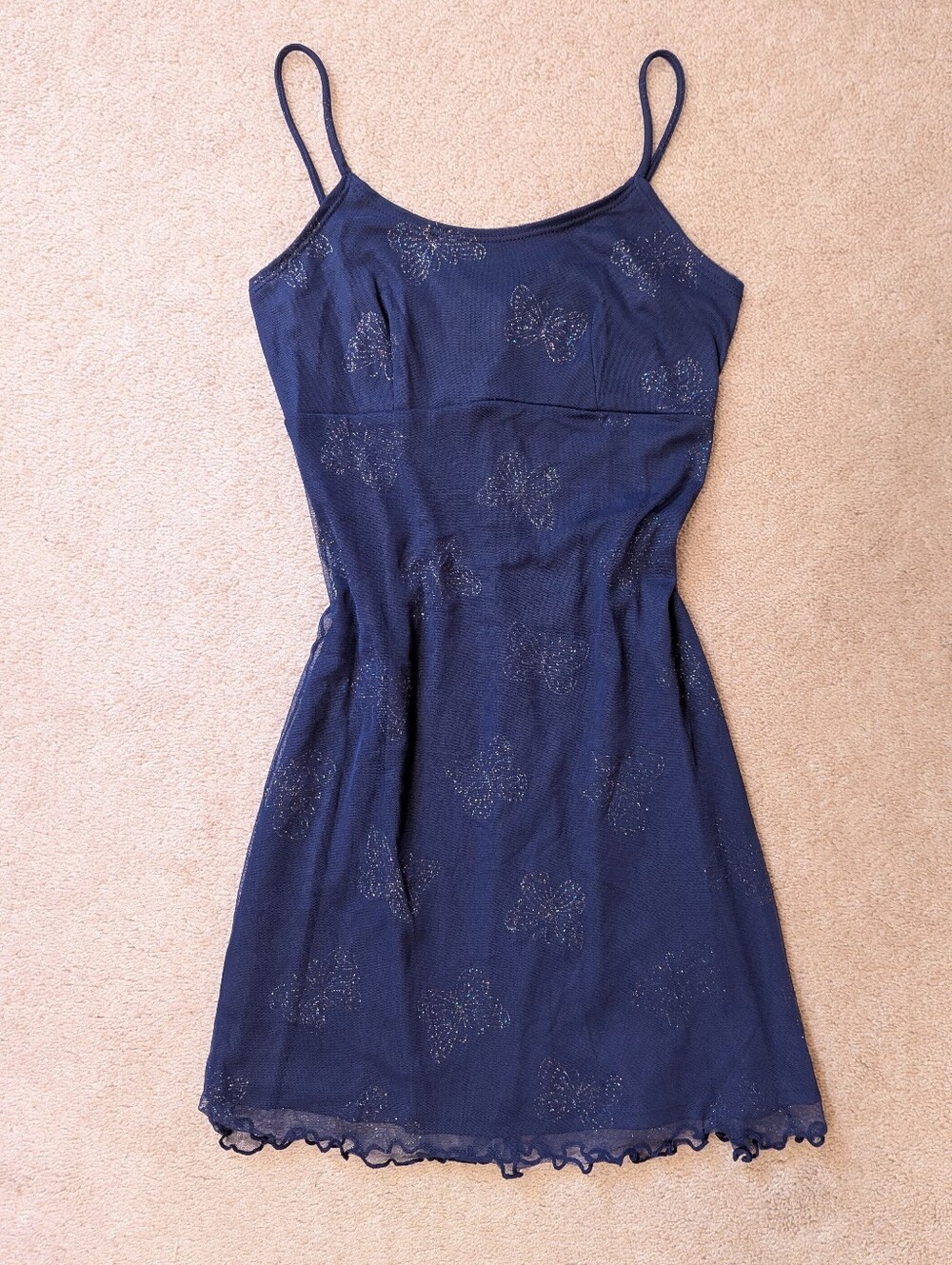 Vintage Y2K HANA Mini Butterfly Dress Navy Blue Glitter Ruffled Hem Strappy